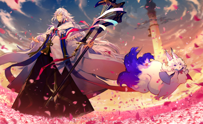 1boy animal clouds commentary_request fate/grand_order fate_(series) field floating floating_object flower flower_field fou_(fate) holding holding_staff hood hood_down long_hair looking_away male_focus merlin_(fate) nozaki_tsubata open_mouth outdoors petals red_ribbon revision ribbon robe sky smile solo staff standing tower violet_eyes white_hair