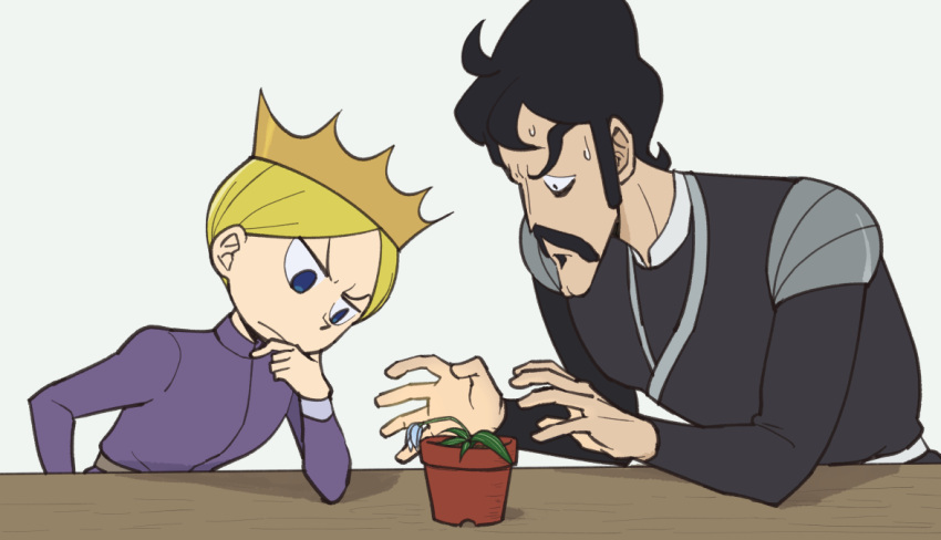 2boys aboutama bebinn black_eyes blonde_hair blue_eyes child crown daida facial_hair flower frown hair_strand male_focus multiple_boys mustache ousama_ranking plant potted_plant prince purple_shirt shirt short_hair sweatdrop thick_eyebrows thinking upper_body