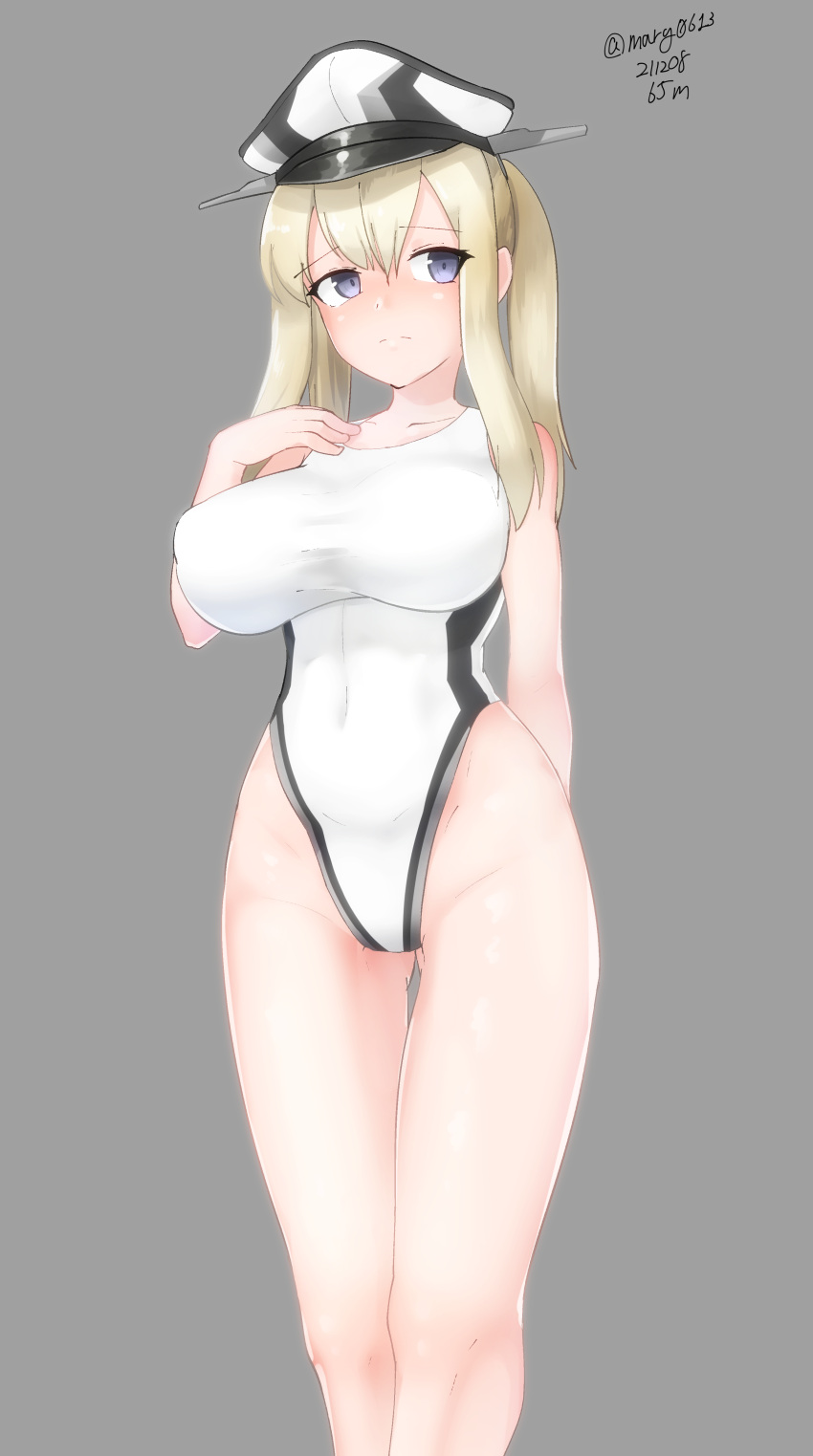 1girl absurdres blonde_hair breasts competition_swimsuit dated graf_zeppelin_(kancolle) grey_background grey_eyes hair_between_eyes highleg highleg_swimsuit highres kantai_collection large_breasts long_hair looking_at_viewer maru_(marg0613) one-piece_swimsuit sidelocks simple_background solo standing swimsuit twintails twitter_username white_swimsuit