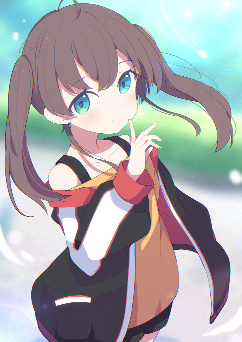 1girl absurdres ahoge bangs bare_shoulders black_jacket black_shorts blue_eyes blurry blurry_background blush brown_hair brown_shirt closed_mouth collarbone day depth_of_field eyebrows_visible_through_hair hair_between_eyes hand_up highres hololive jacket long_hair long_sleeves looking_at_viewer natsuiro_matsuri off-shoulder_jacket off-shoulder_shirt off_shoulder okota_mikan outdoors puffy_long_sleeves puffy_sleeves shirt short_shorts shorts smile solo standing twintails virtual_youtuber