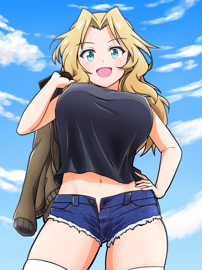 1girl bangs black_shirt blonde_hair blue_eyes blush breasts contrapposto covered_nipples cowboy_shot crop_top crop_top_overhang cutoffs denim denim_shorts eyebrows_visible_through_hair forehead from_below girls_und_panzer hachiko_(kota091986) hair_intakes hand_on_hip highres jacket jacket_over_shoulder jacket_removed kay_(girls_und_panzer) large_breasts long_hair looking_at_viewer midriff navel open_fly open_mouth parted_bangs shirt short_shorts shorts sky smile thigh-highs thighs unzipped