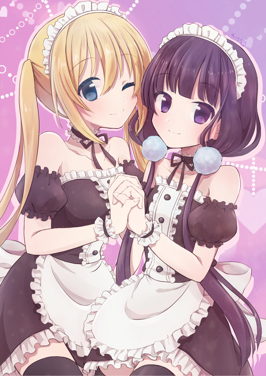 2girls ;) absurdres alternate_costume apron bare_shoulders black_dress black_hair black_legwear blend_s blonde_hair center_frills choker closed_mouth collarbone detached_sleeves dress enmaided frilled_choker frills highres hinata_kaho holding_hands interlocked_fingers long_hair looking_at_viewer low_twintails maid maid_headdress multiple_girls neck_ribbon one_eye_closed puffy_short_sleeves puffy_sleeves reijiro ribbon sakuranomiya_maika short_dress short_sleeves smile strapless strapless_dress thigh-highs twintails waist_apron white_apron white_choker wrist_cuffs