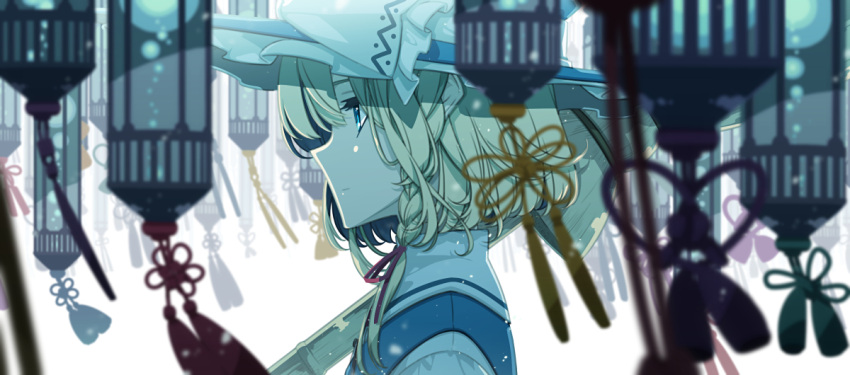 1girl bangs black_headwear blonde_hair blue_eyes bow braid broom closed_mouth commentary eyelashes frilled_bow frills from_side hair_ribbon hat hat_bow hat_ribbon holding holding_broom kirisame_marisa looking_afar looking_to_the_side red_ribbon ribbon sakuraba_yuuki short_hair_with_long_locks single_braid solo standing tassel touhou tress_ribbon upper_body white_bow white_ribbon witch_hat