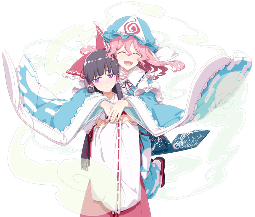 2girls :d arm_garter bangs blue_headwear blue_kimono blunt_bangs blush bow brown_hair closed_eyes closed_mouth commission detached_sleeves expressionless eyelashes feet_out_of_frame hair_bow hair_tubes hakurei_reimu happy hat hug hug_from_behind japanese_clothes kimono long_hair long_sleeves looking_at_viewer mob_cap multiple_girls nontraditional_miko pink_hair red_bow ribbon-trimmed_collar ribbon-trimmed_sleeves ribbon_trim saigyouji_yuyuko sakuraba_yuuki sidelocks simple_background skeb_commission smile standing touhou triangular_headpiece white_background wide_sleeves