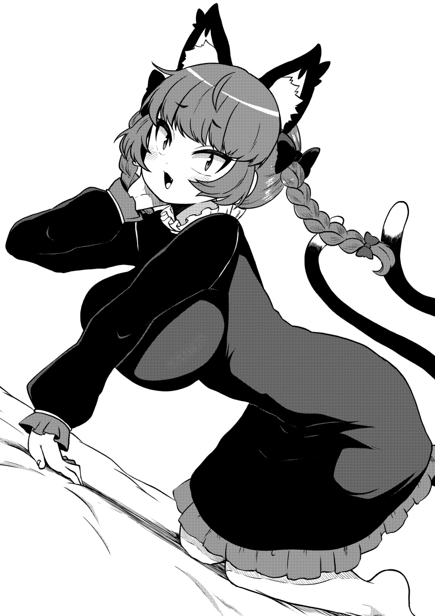 1girl absurdres animal_ears braid cat_ears cat_girl cat_tail dress extra_ears frilled_dress frilled_sleeves frills highres himajin_noizu juliet_sleeves kaenbyou_rin long_sleeves mary_janes monochrome multiple_tails nekomata puffy_sleeves shoes solo tail touhou twin_braids
