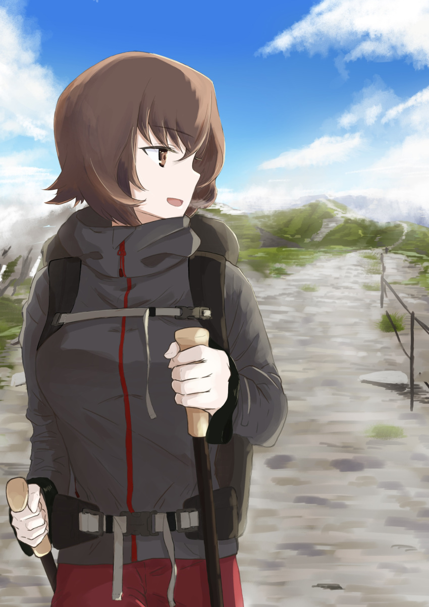 1girl absurdres backpack bag bangs blue_sky brown_eyes brown_hair casual clouds cloudy_sky commentary day dirt_road eyebrows_visible_through_hair girls_und_panzer grey_jacket highres holding horizon jacket long_sleeves looking_to_the_side nishizumi_maho open_mouth oritako outdoors road short_hair ski_pole sky smile solo standing