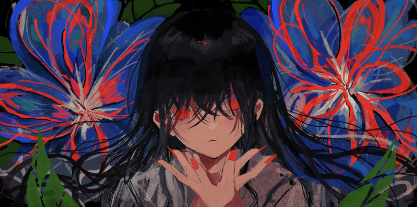 1girl :| absurdres bangs black_hair check_commentary closed_mouth commentary_request crossed_bangs fingernails hair_between_eyes highres long_hair looking_at_viewer original portrait red_eyes red_nails sidelocks siun_5513 solo