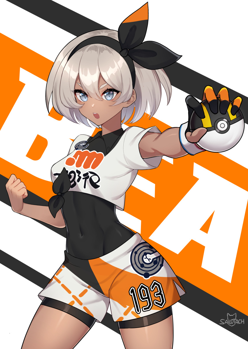 1girl absurdres bangs bea_(pokemon) black_bodysuit black_hairband blonde_hair bodysuit bodysuit_under_clothes bow_hairband clenched_hand collared_shirt commentary_request covered_navel dynamax_band eyelashes gloves grey_eyes hair_between_eyes hairband highres holding holding_poke_ball open_mouth outstretched_arm partially_fingerless_gloves poke_ball pokemon pokemon_(game) pokemon_swsh print_shirt print_shorts sakotach shiny shiny_hair shirt short_hair short_sleeves shorts side_slit side_slit_shorts signature single_glove solo teeth ultra_ball upper_teeth