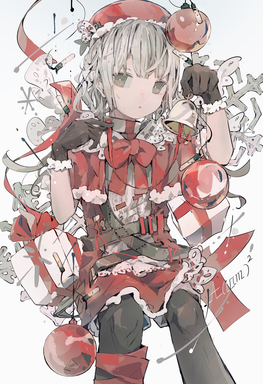 1girl :o absurdres aiamu_iamu bangs bell black_gloves black_legwear bow bowtie box capelet christmas christmas_lights eyebrows_visible_through_hair feet_out_of_frame fur-trimmed_capelet fur-trimmed_gloves fur_trim gift gift_box gloves grey_background grey_eyes grey_hair hands_up highres holding holding_bell looking_at_viewer medium_hair original pantyhose parted_lips red_bow santa_costume signature solo