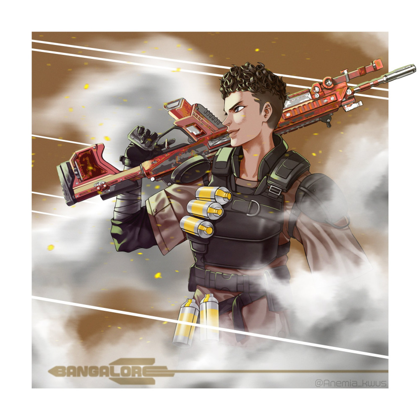 1girl anemia_kwus apex_legends bangalore_(apex_legends) black_gloves border brown_hair brown_jacket character_name d-101_longbow dark-skinned_female dark_skin gloves gun head_tilt highres holding holding_gun holding_weapon jacket outside_border over_shoulder rifle short_hair smile smoke sniper_rifle solo trigger_discipline undercut weapon weapon_over_shoulder white_border