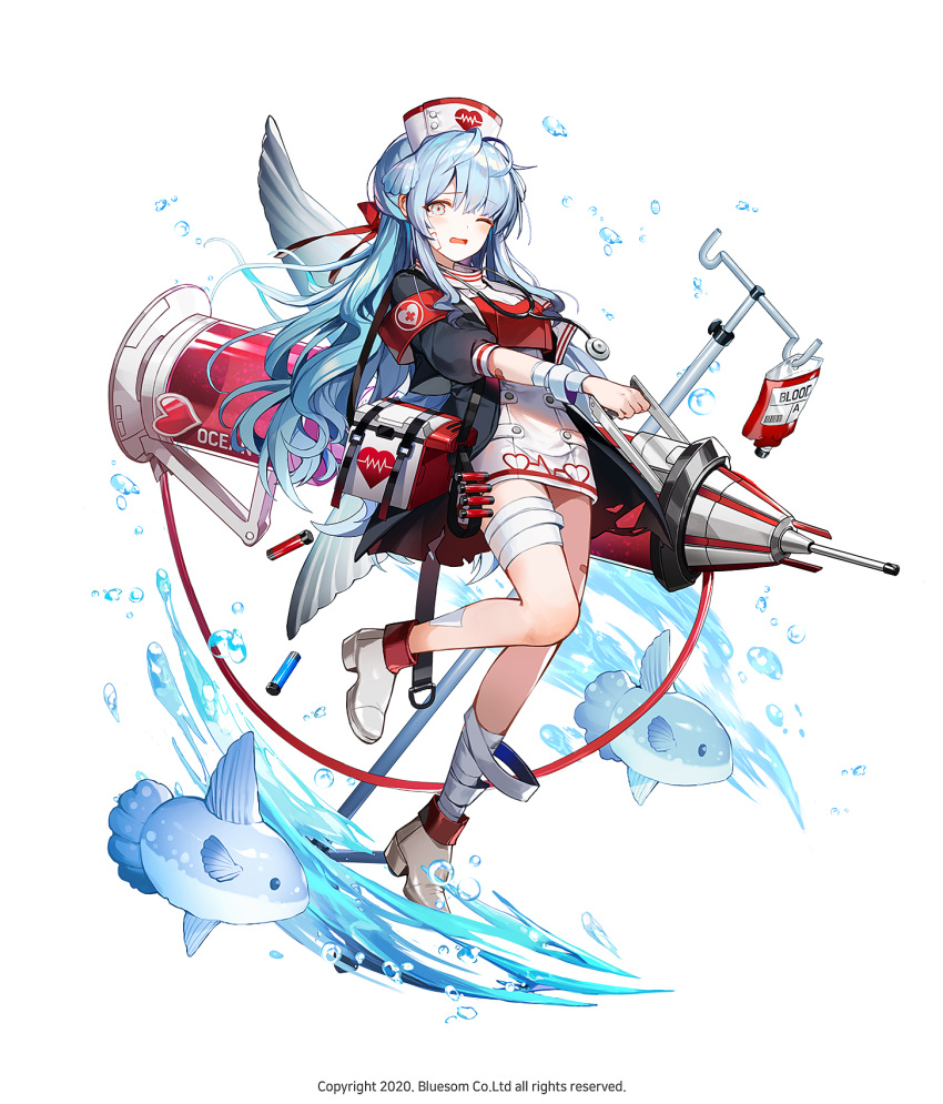 1girl 2020 aqua_eyes armband bag bandaged_arm bandaged_leg bandages bangs blood blood_bag blue_hair character_request company_name copyright creature dress fish full_body hat highres holding holding_syringe jacket large_syringe lentain long_hair nurse nurse_cap official_art one_eye_closed open_clothes open_jacket open_mouth oversized_object shoes shoulder_bag sidelocks simple_background solo stethoscope syringe water_drop white_background wild_girls