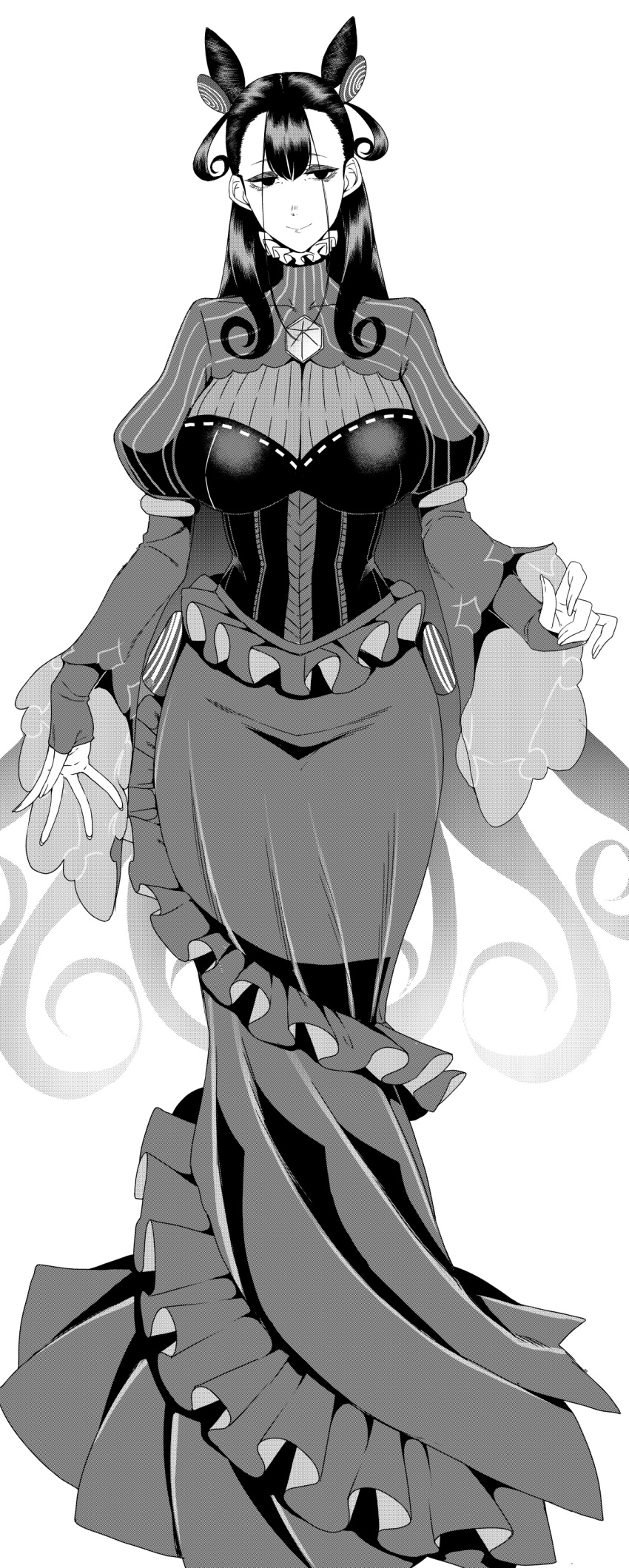 1girl absurdres breasts closed_mouth corset fate/grand_order fate_(series) greyscale hair_cones highres juliet_sleeves large_breasts long_skirt long_sleeves looking_at_viewer monochrome murasaki_shikibu_(fate) nakamura_regura puffy_sleeves skirt smile solo standing wide_sleeves