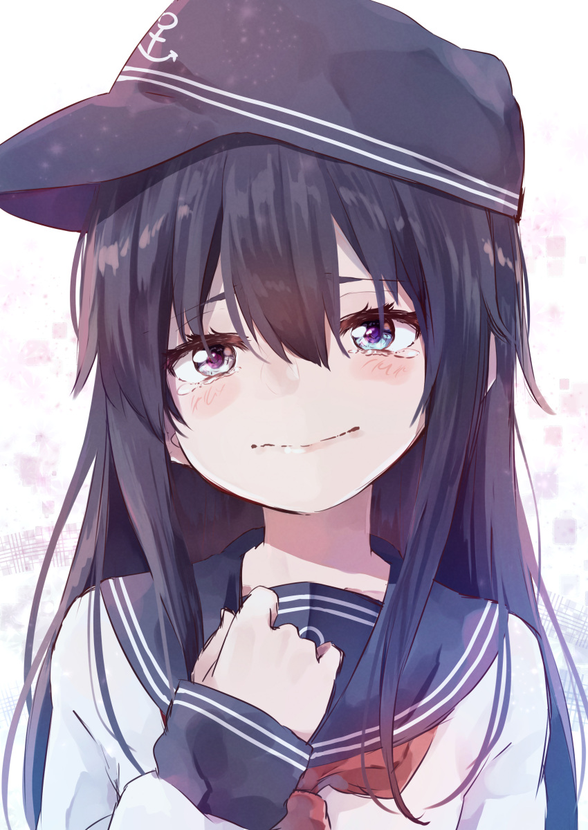 1girl absurdres akatsuki_(kancolle) anchor_symbol black_headwear black_sailor_collar blush closed_mouth flat_cap hair_between_eyes hat highres kantai_collection long_hair long_sleeves looking_at_viewer neckerchief portrait purple_hair red_neckerchief sailor_collar school_uniform serafuku solo taisho_(gumiyuki) violet_eyes