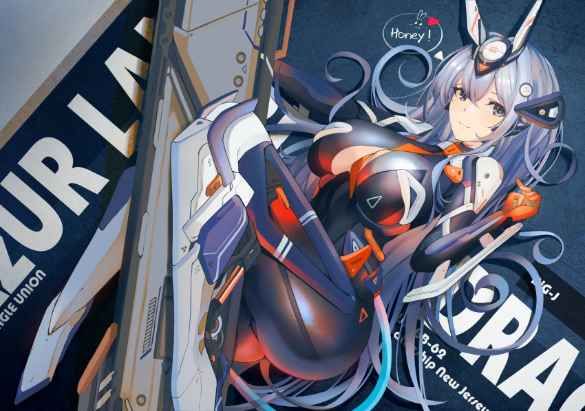 1girl alternate_costume ass azur_lane blue_eyes blue_hair blush bodysuit breasts character_name cleavage_cutout clothing_cutout copyright_name english_text highres large_breasts long_hair looking_at_viewer mecha_musume necktie new_jersey_(azur_lane) smile solo very_long_hair yusha_m