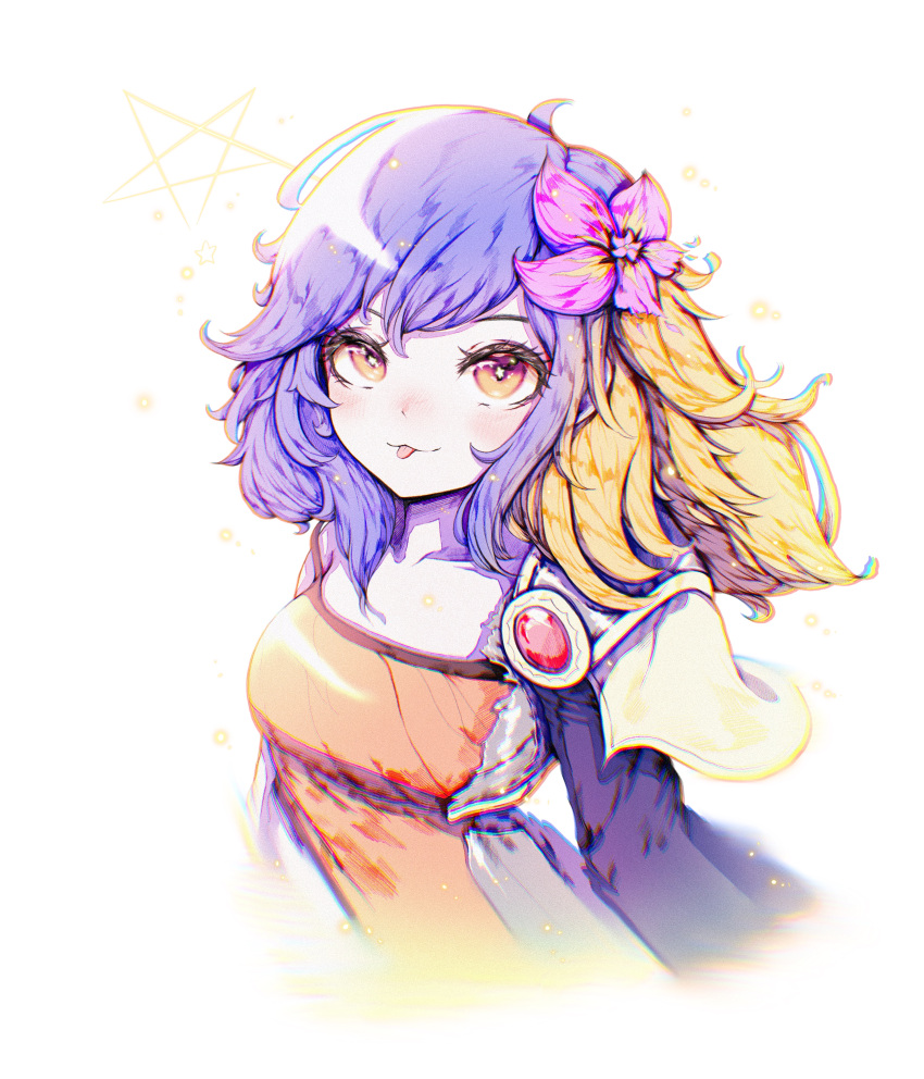 1girl absurdres bangs blue_hair breasts brown_eyes collarbone flower grey_background hair_flower hair_ornament highres jacket league_of_legends long_sleeves looking_at_viewer medium_breasts multicolored_hair neeko_(league_of_legends) open_clothes open_jacket park_ogre pink_flower shiny shiny_hair simple_background smile solo star_(symbol) tongue tongue_out vastaya yellow_eyes