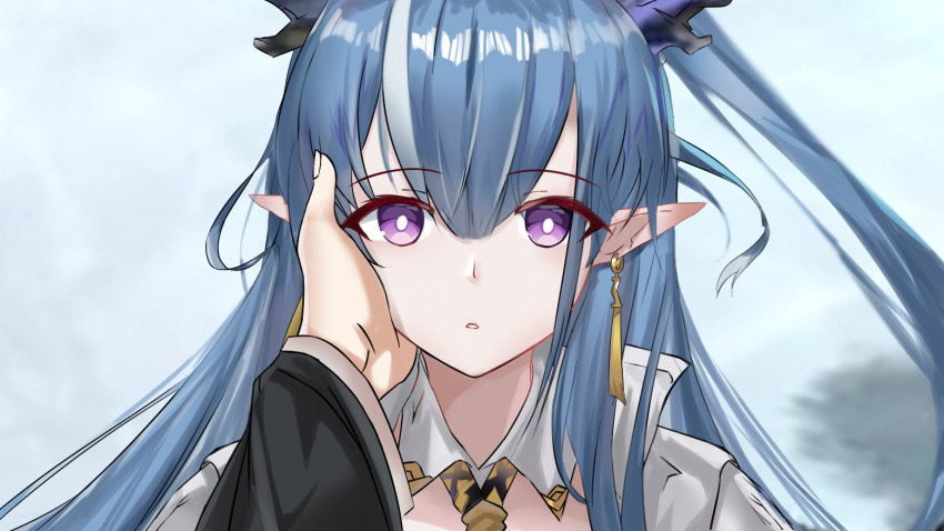 1boy 1girl arknights bangs blue_hair commentary_request earrings eyebrows_visible_through_hair hair_between_eyes hand_on_another's_face horns jewelry ling_(arknights) long_hair long_sleeves long_wuxian looking_at_viewer multicolored_hair out_of_frame parted_lips pointy_ears ponytail portrait shirt solo_focus streaked_hair violet_eyes white_hair white_shirt wide_sleeves