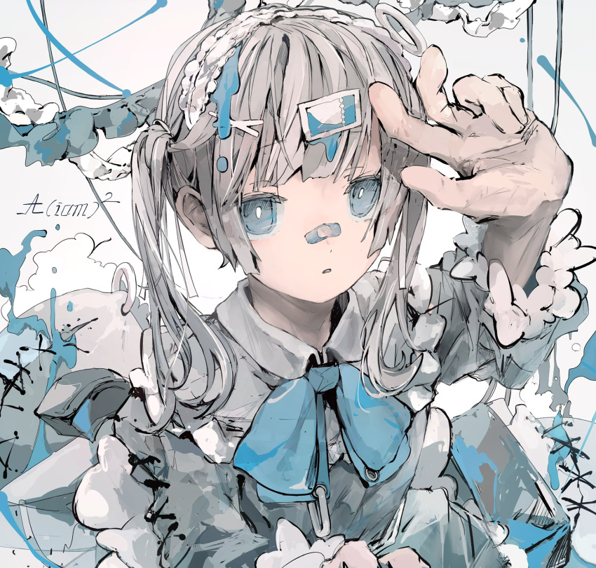 1girl aiamu_iamu arm_up bandaid bandaid_on_nose bangs blue_bow blue_eyes bow bowtie collared_shirt commentary_request dress eyebrows_visible_through_hair frilled_dress frills grey_dress grey_hair hair_ornament hairpin highres looking_at_viewer medium_hair original parted_lips partial_commentary shirt signature solo two_side_up upper_body white_background white_shirt