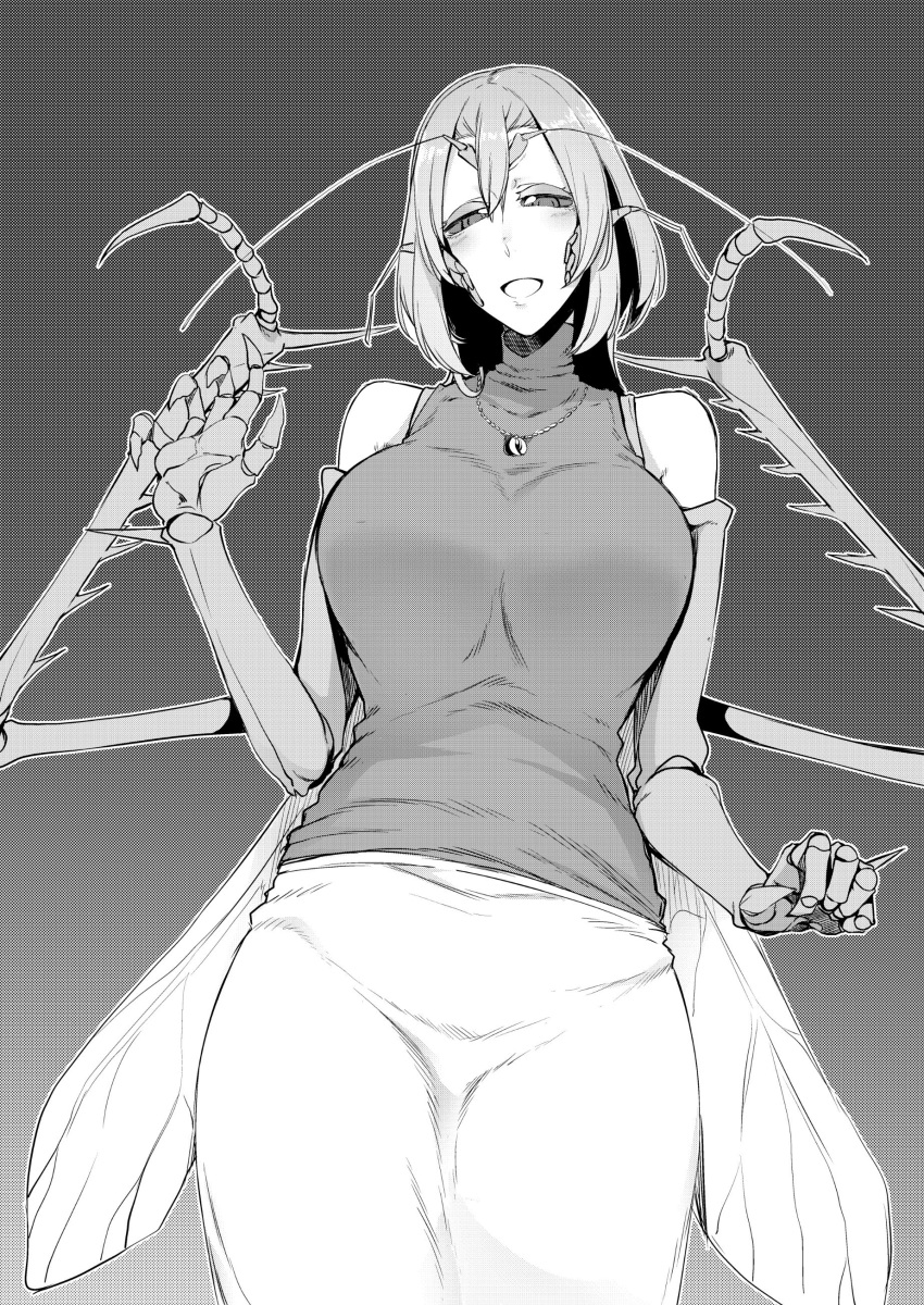 1girl :d absurdres antennae arthropod_girl bare_shoulders breasts carapace cowboy_shot greyscale half-closed_eyes highres insect_wings jewelry joints large_breasts looking_at_viewer monochrome monster_girl nakamura_regura necklace open_mouth original shirt short_hair skirt sleeveless sleeveless_shirt sleeveless_turtleneck smile solo spikes turtleneck wings