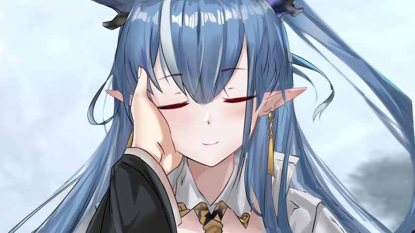 1boy 1girl arknights bangs blue_hair closed_eyes closed_mouth earrings eyebrows_visible_through_hair facing_viewer hair_between_eyes hand_on_another's_face horns jewelry ling_(arknights) long_hair long_sleeves long_wuxian multicolored_hair out_of_frame pointy_ears ponytail portrait shirt solo_focus streaked_hair white_hair white_shirt wide_sleeves