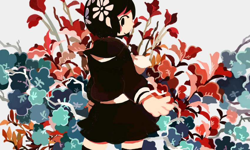 1girl bangs black_eyes black_hair black_legwear black_serafuku butudan_butugu cowboy_shot flower from_behind hair_flower hair_ornament leaf long_sleeves looking_at_viewer looking_back neckerchief no_sclera original profile school_uniform serafuku short_hair skirt smile solo standing symbol-only_commentary thigh-highs white_background white_neckerchief zettai_ryouiki