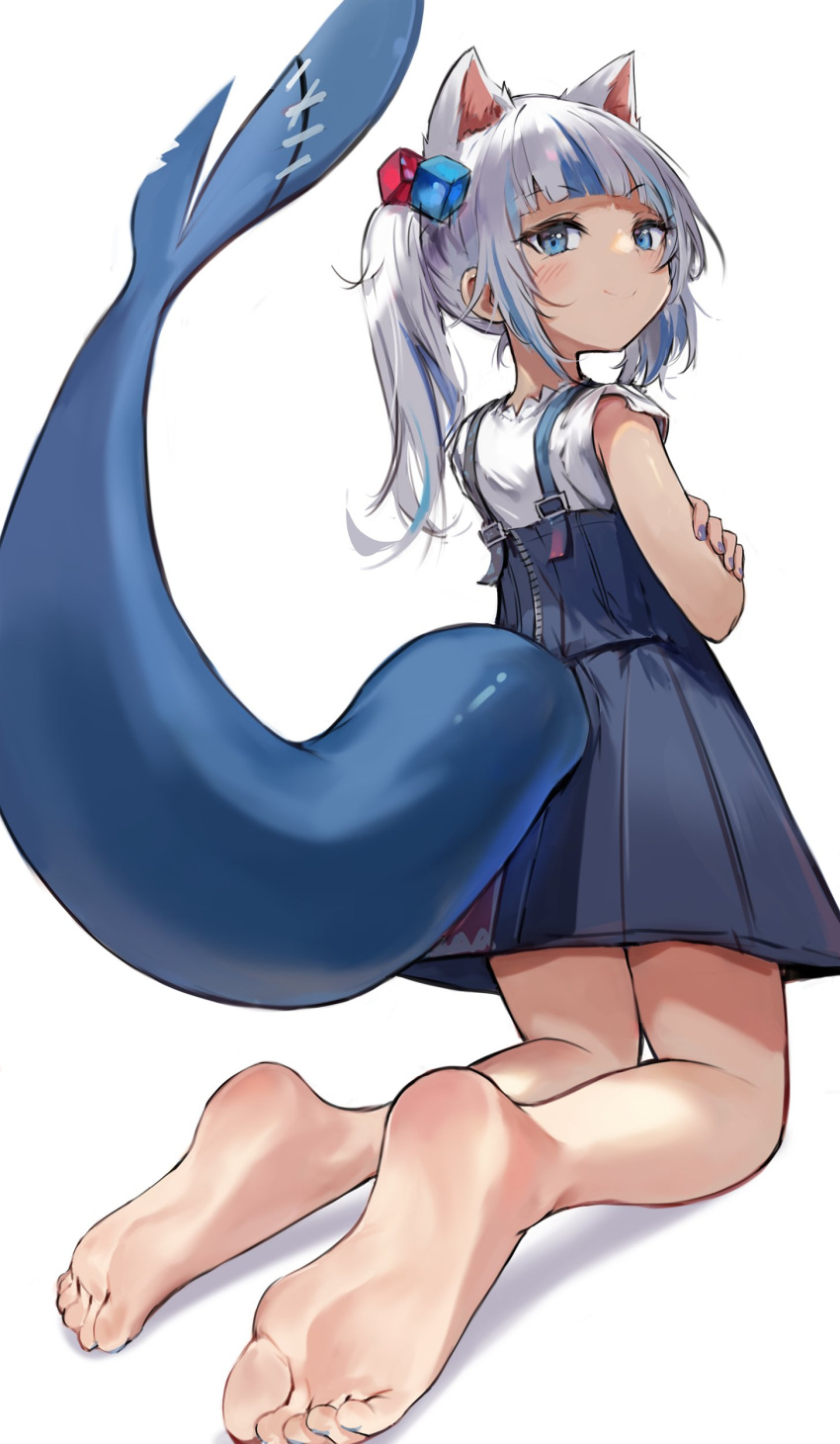 1girl absurdres animal_ears bangs barefoot blue_eyes blue_hair blue_skirt blunt_bangs cat_ears feet fish_tail gawr_gura hair_cubes hair_ornament highres hololive hololive_english multicolored_hair orobou shark_girl shark_tail shirt short_sleeves silver_hair skirt soles streaked_hair suspenders tail toes two_side_up virtual_youtuber white_shirt