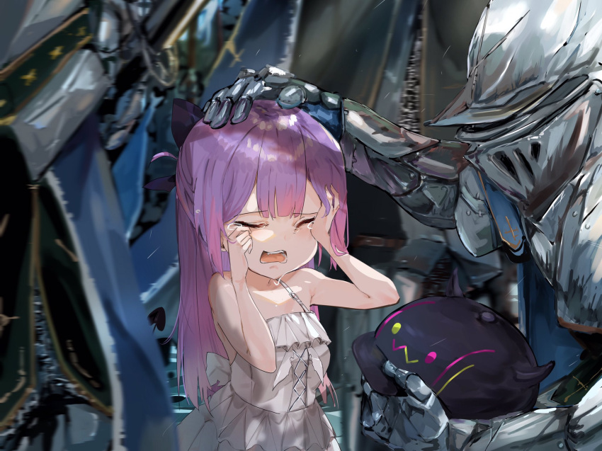 1girl age_difference armor armpit_crease bangs bare_shoulders child crying dress funi_mu9 hat headpat helmet highres hololive knight medium_hair multiple_others open_mouth purple_hair standing straight_hair surrounded tears tokoyami_towa