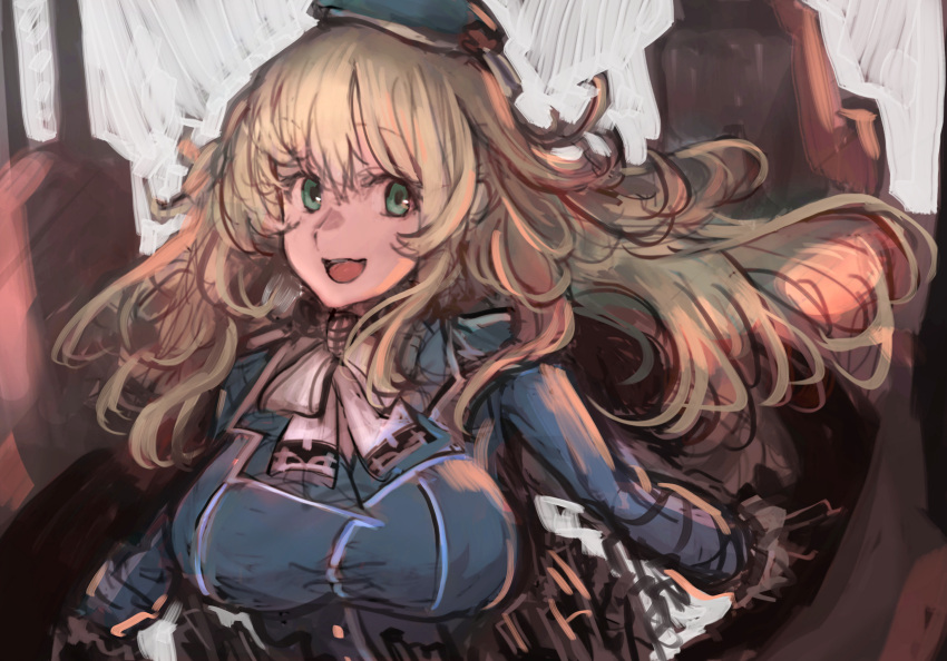 1girl ascot atago_(kancolle) beret black_gloves blonde_hair blue_headwear blue_jacket breasts cannon collared_shirt eyebrows_visible_through_hair gloves green_eyes hair_between_eyes hat highres jacket kantai_collection large_breasts long_hair long_sleeves looking_at_viewer machinery military military_uniform moor open_mouth rigging shirt smile solo turret uniform upper_body white_background white_shirt