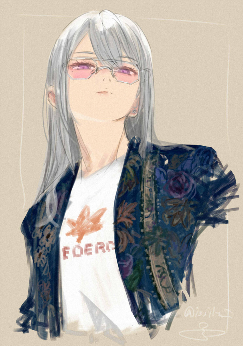 1girl alternate_costume belt blue_coat blush bracelet brown_background brown_pants coat cocktail eyebrows eyelashes floral_print glasses grey_hair hexagonal_eyewear highres higuchi_kaede isshiki_(ffmania7) jewelry leaf leaf_print lips looking_at_viewer maple_leaf maple_leaf_print mole mole_under_eye nijisanji nostrils official_alternate_costume open_mouth painting_(medium) pants paper pink_background romaji_text shirt signature solo standing straight_hair t-shirt traditional_media upper_body violet_eyes virtual_youtuber white_footwear white_shirt