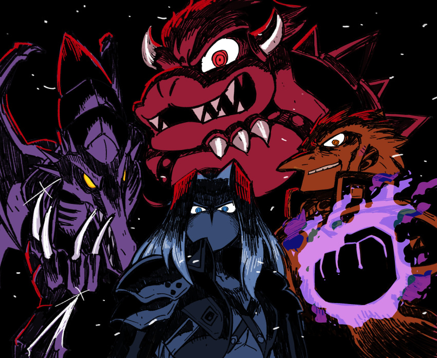 2boys absurdres bowser claws clenched_hand crossed_arms evil_smile fangs final_fantasy final_fantasy_vii ganondorf glaring glowing_fist highres horns long_hair male_focus metroid multiple_boys rariatto_(ganguri) ridley sephiroth shaded_face sharp_teeth smile sparkle spiked_shell super_mario_bros. super_mario_bros. super_smash_bros. teeth the_legend_of_zelda the_legend_of_zelda:_ocarina_of_time wings