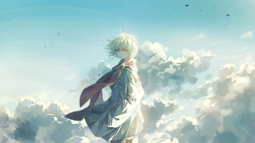 1girl :| bangs closed_mouth clouds commentary_request day eyes_visible_through_hair feet_out_of_frame hair_between_eyes hand_in_pocket looking_at_viewer looking_back mint5464 original red_scarf scarf serious short_hair sky solo standing sunlight white_hair yellow_eyes