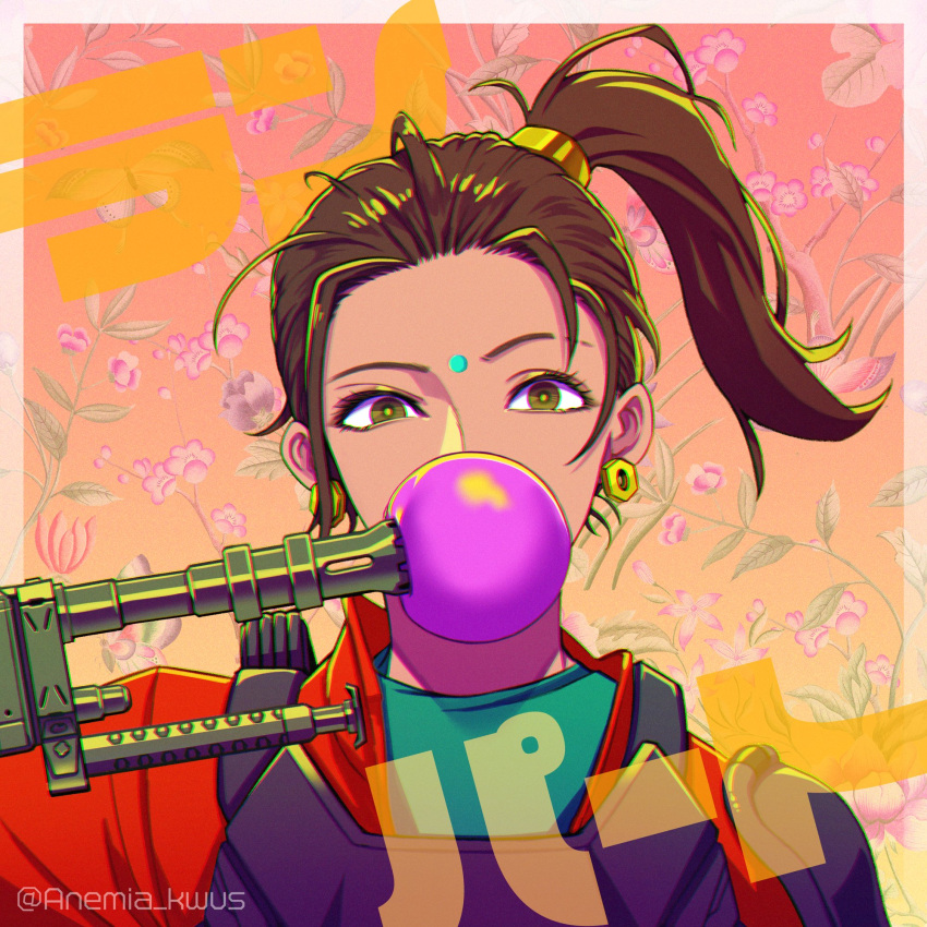 1girl anemia_kwus apex_legends aqua_shirt brown_hair character_name chewing_gum dark-skinned_female dark_skin earrings facial_mark floating_hair forehead_mark gun highres jacket jewelry light_machine_gun looking_at_viewer m600_spitfire orange_jacket portrait rampart_(apex_legends) shirt side_ponytail solo twitter_username weapon