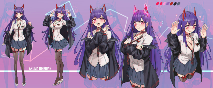 1girl absurdres akuma_nihmune bangs breasts character_name choker collared_shirt color_guide cropped_legs crossed_arms ear_piercing eyebrows_visible_through_hair fangs garter_straps hands_up heart heart-shaped_pupils high_heels highres horns indie_virtual_youtuber jacket jewelry kiritzugu long_hair loose_necktie medium_breasts mole mole_under_eye multiple_views necklace necktie off_shoulder open_clothes open_jacket piercing pink_eyes pleated_skirt pout purple_hair second-party_source shirt skirt standing symbol-shaped_pupils thigh-highs tongue tongue_out virtual_youtuber