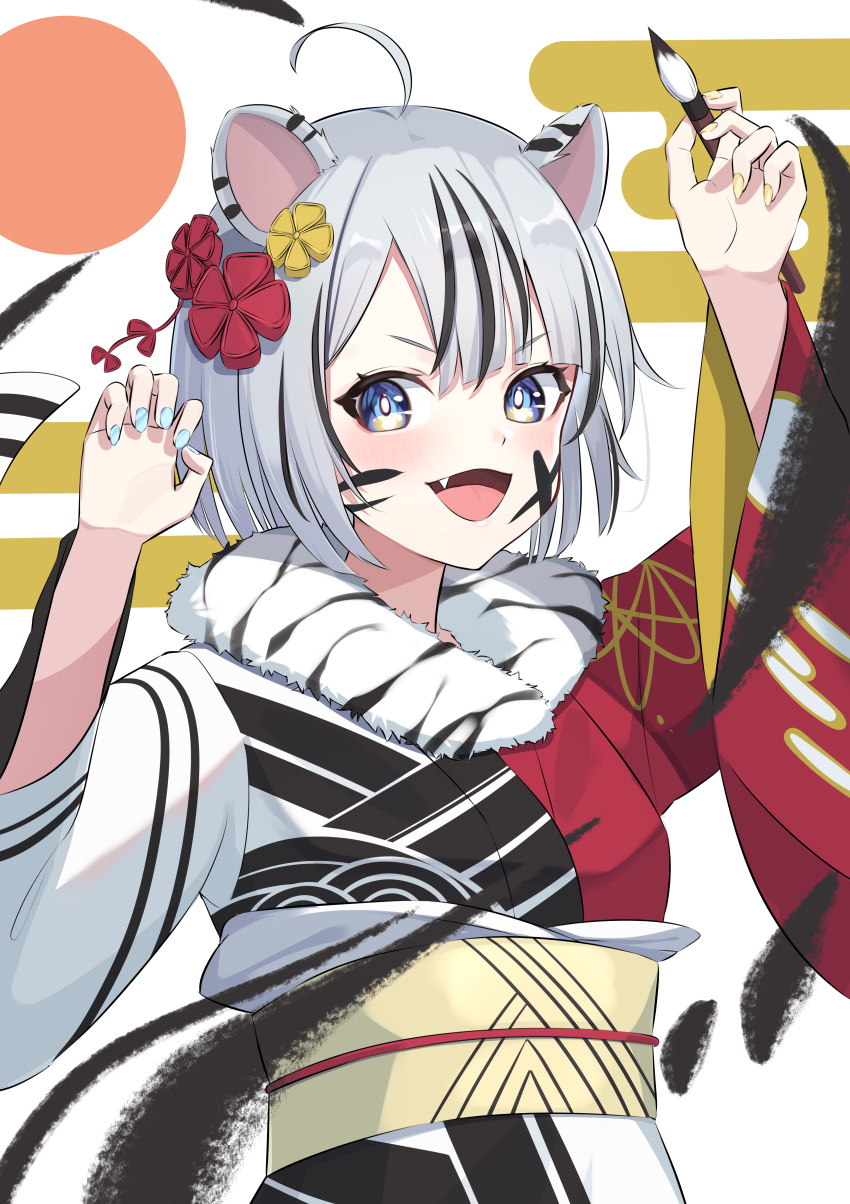 1girl absurdres ahoge animal_ears appo_(36786257) arms_up bangs blue_eyes blue_nails blush calligraphy_brush chinese_zodiac commentary fang flower fur-trimmed_kimono fur_trim grey_hair hair_between_eyes hair_flower hair_ornament highres japanese_clothes kimono looking_at_viewer multicolored_hair new_year obi open_mouth original paintbrush paw_pose sash short_hair solo standing streaked_hair swept_bangs tiger_ears upper_body v-shaped_eyebrows year_of_the_tiger