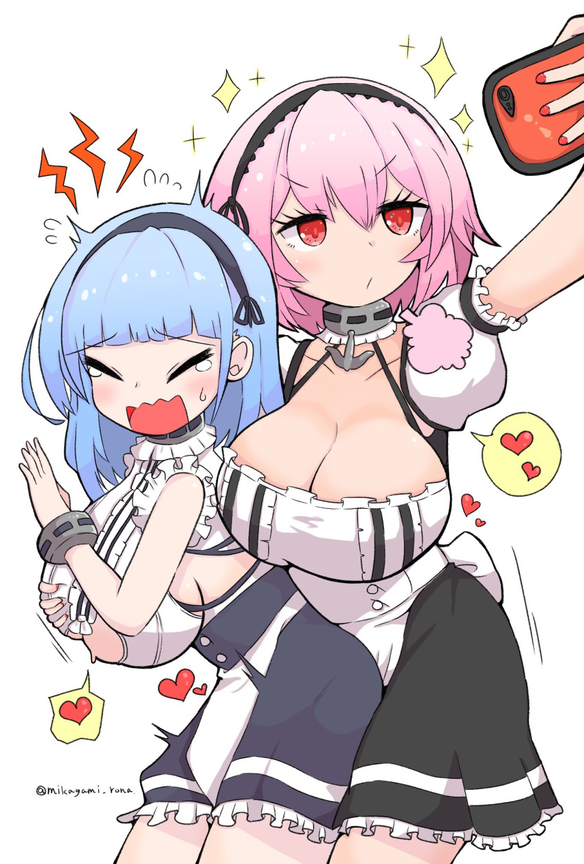 2girls apron azur_lane black_dress black_hairband blue_hair breast_grab cellphone closed_eyes clothing_cutout dido_(azur_lane) dress ex_task eyebrows_visible_through_hair frilled_dress frills grabbing hair_between_eyes hairband heart highres holding holding_phone multiple_girls nail_polish phone pink_hair puffy_short_sleeves puffy_sleeves red_eyes red_nails selfie short_dress short_hair short_sleeves simple_background sirius_(azur_lane) smartphone standing two-tone_dress underboob_cutout white_apron white_background white_dress