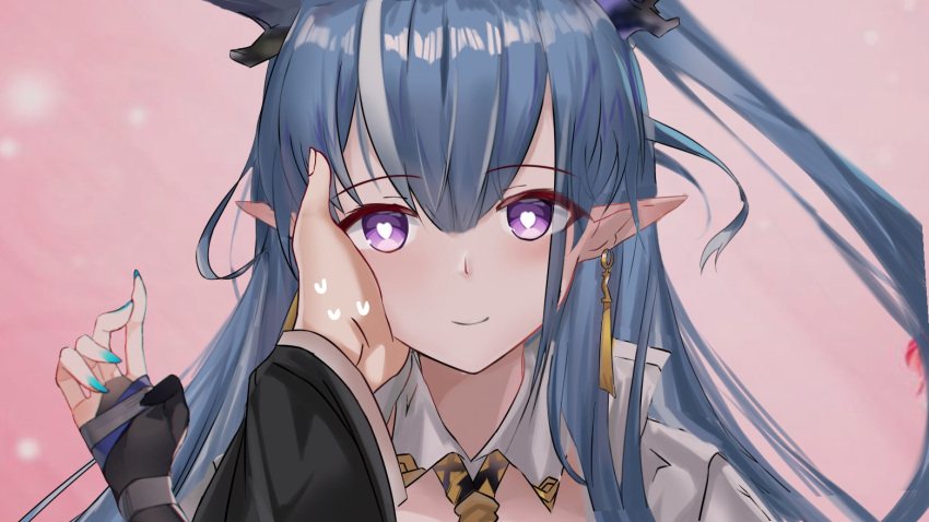 1boy 1girl arknights bangs blue_hair blue_nails bridal_gauntlets earrings eyebrows_visible_through_hair hair_between_eyes hand_on_another's_face hand_up heart heart-shaped_pupils horns jewelry ling_(arknights) long_hair long_sleeves long_wuxian looking_at_viewer multicolored_hair nail_polish out_of_frame pointy_ears ponytail portrait shirt solo_focus streaked_hair symbol-shaped_pupils violet_eyes white_hair white_shirt wide_sleeves