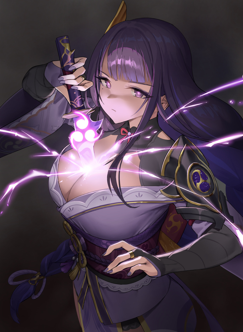 1girl absurdres armor braid braided_ponytail breasts bridal_gauntlets closed_mouth drawing_sword electricity floating_hair from_side genshin_impact hair_ornament hair_ribbon hands_up highres holding holding_sword holding_weapon japanese_clothes kimono large_breasts lightning long_hair looking_at_viewer mitsudomoe_(shape) mole mole_under_eye neck_ribbon obi purple_hair purple_kimono purple_nails raiden_shogun ribbon sash shoulder_armor solo sword sword_between_breasts tomoe_(symbol) urrrt violet_eyes weapon wide_sleeves