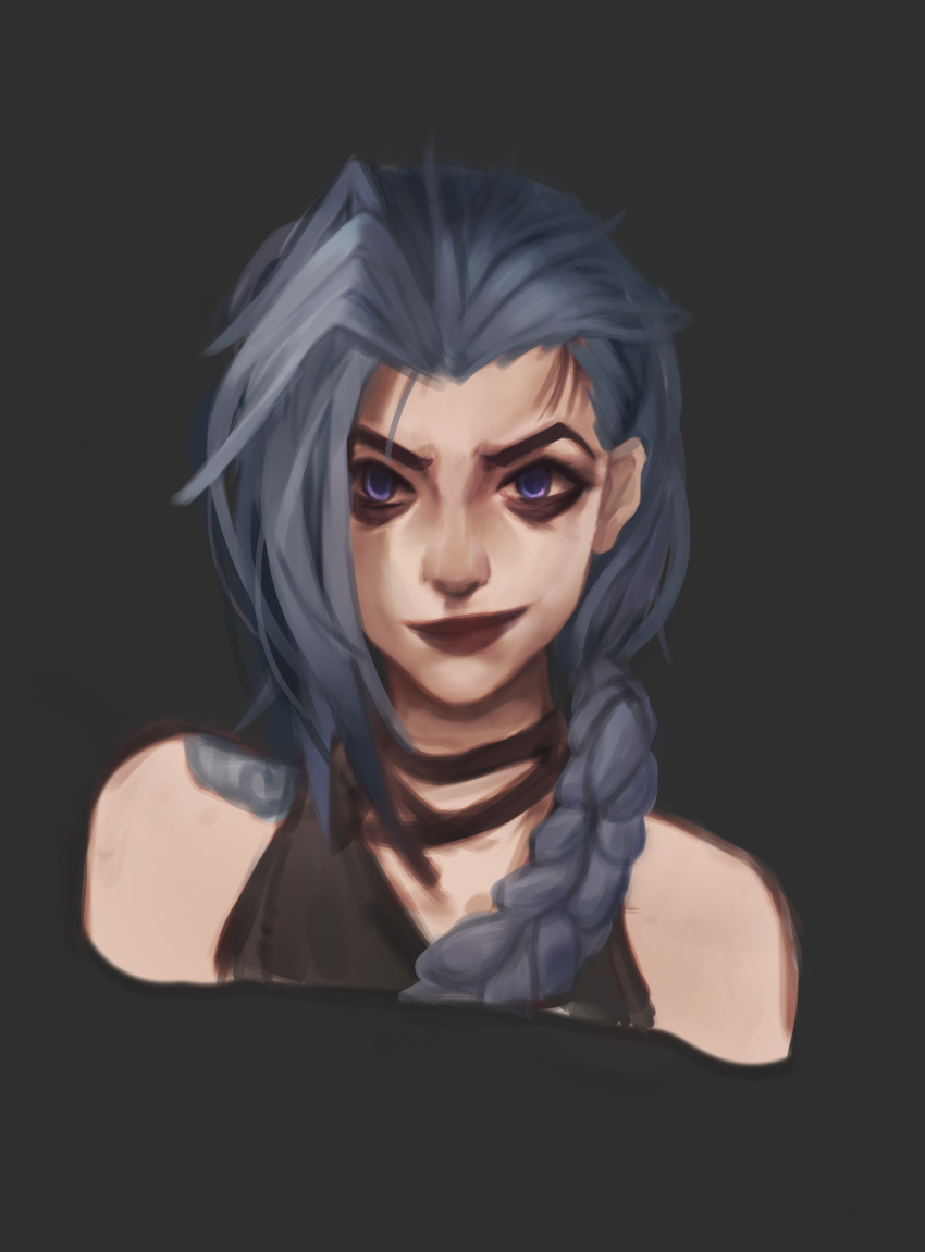 1girl absurdres arcane:_league_of_legends arcane_jinx asymmetrical_bangs bags_under_eyes bangs black_background black_choker blue_eyes braid choker closed_mouth cropped_shirt hair_over_shoulder highres jinx_(league_of_legends) league_of_legends long_hair pumer_(blnwor) red_lips shoulder_tattoo smile solo tattoo