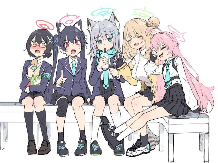 5girls absurdres ahoge animal_ear_fluff animal_ears ayane_(blue_archive) bangs black_footwear black_hair black_skirt blue_archive blue_eyes blue_jacket blue_neckwear blue_scarf blush breasts cat_ears closed_eyes cross_hair_ornament cup disposable_cup drinking drinking_straw eating eyebrows_visible_through_hair fingerless_gloves glasses gloves grey_hair hair_between_eyes hair_ornament halo highres hoshino_(blue_archive) jacket kandori kneehighs large_breasts long_hair long_sleeves looking_at_viewer medium_hair multiple_girls necktie nonomi_(blue_archive) open_clothes open_jacket open_mouth pink_hair pleated_skirt pointing pointing_at_viewer pointy_ears red_eyes scarf school_uniform serika_(blue_archive) shiroko_(blue_archive) shirt shoes short_hair sitting skirt smile socks sweatdrop twintails white_legwear white_shirt yellow_eyes