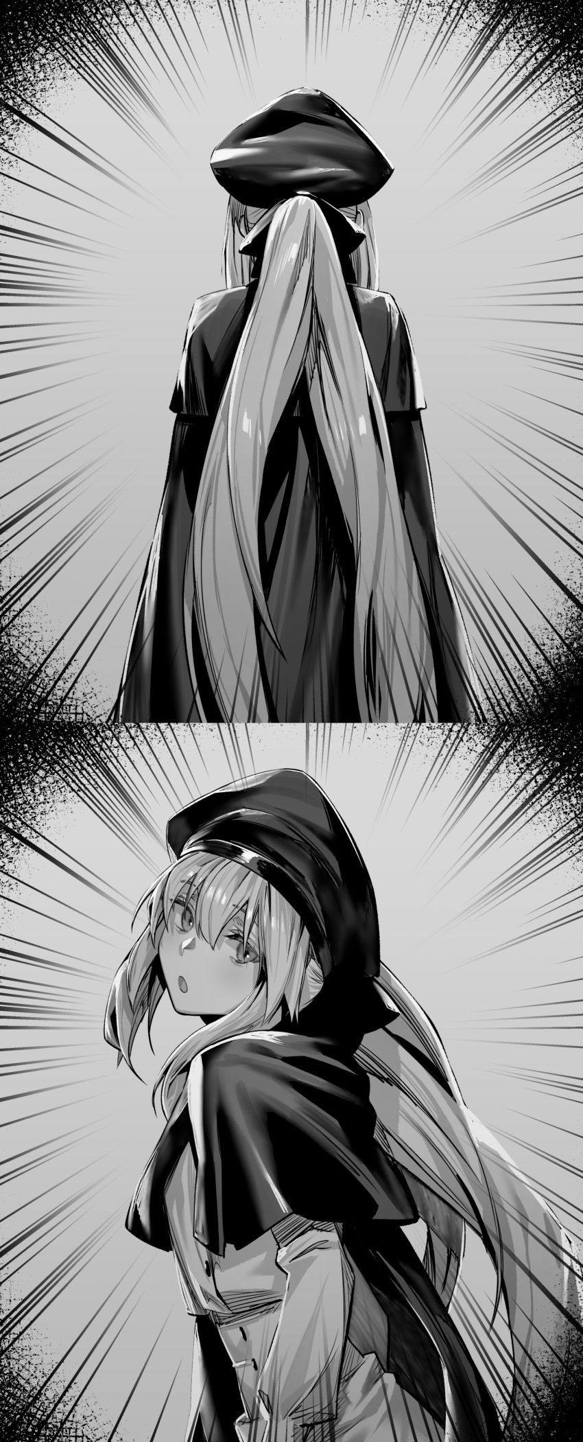 1girl absurdres artoria_pendragon_(caster)_(fate) artoria_pendragon_(fate) bangs beret bow breasts buttons cape dress duplicate fate/grand_order fate_(series) gloves greyscale hair_bow hat highres hxd long_hair long_sleeves looking_back monochrome open_mouth pantyhose pixel-perfect_duplicate small_breasts twintails