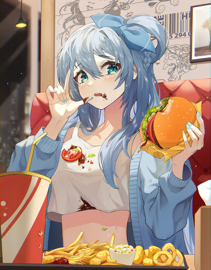 1girl absurdres blue_bow blue_hair blue_jacket blue_nails blush bow braid burger crop_top cup disposable_cup eyebrows_visible_through_hair food food_on_clothes food_on_face food_on_hand french_fries green_eyes hair_between_eyes hair_bow hair_rings highres holding holding_food indoors jacket josal long_hair long_sleeves nail_polish onion_rings open_clothes open_jacket open_mouth original restaurant sitting solo