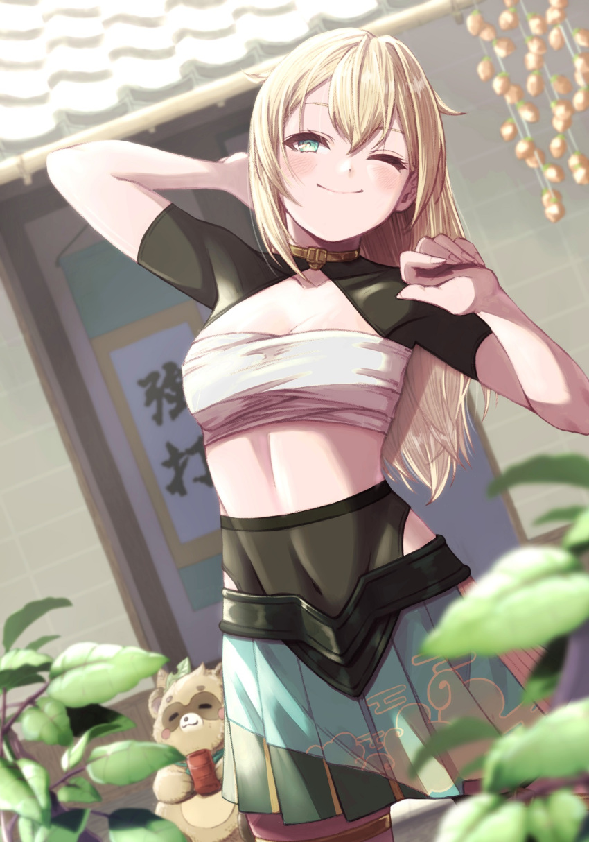 1girl architecture blonde_hair bowsan chest_sarashi covered_navel east_asian_architecture hair_down highres hololive kazama_iroha long_hair one_eye_closed pleated_skirt pokobee sarashi shrug_(clothing) skirt smile stretch underwear virtual_youtuber