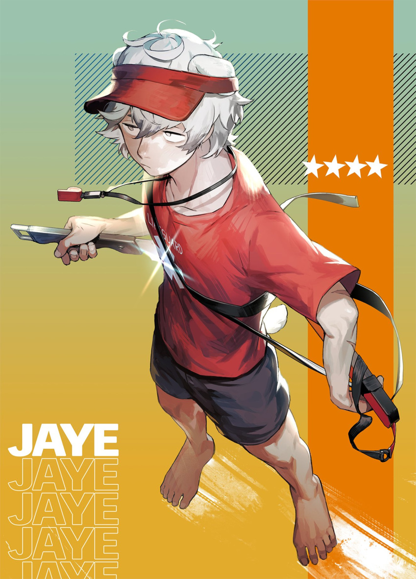 1boy animal_ears arknights aynoh bangs barefoot bear_boy bear_ears bear_tail black_shorts closed_mouth grey_eyes grey_hair hat highres holding holding_knife jaye_(arknights) jaye_(beach_guard)_(arknights) knife male_focus red_headwear red_shirt shirt short_sleeves shorts solo sparkle standing star_(symbol) tail visor_cap whistle whistle_around_neck