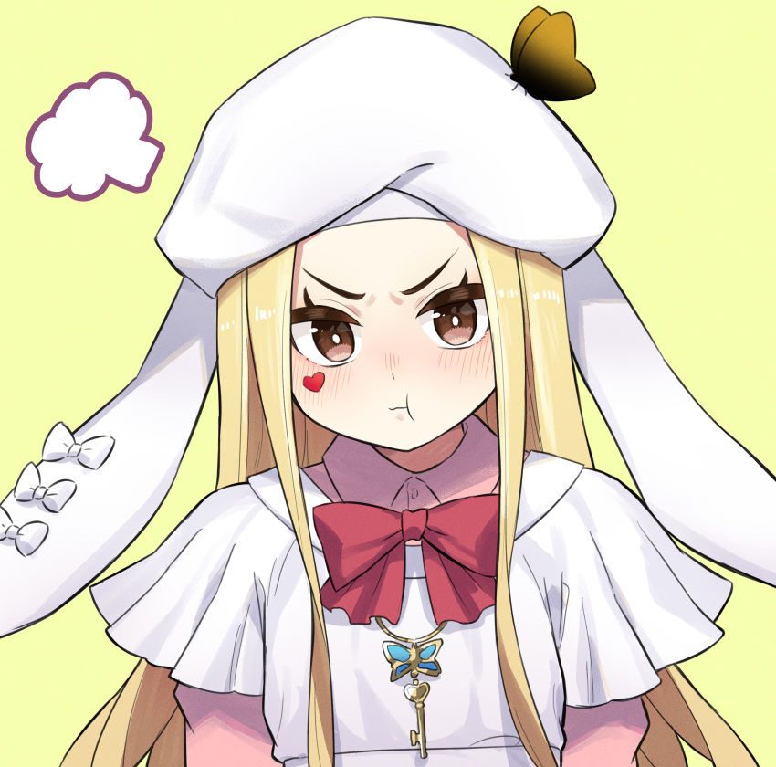 1girl :t =3 absurdres blonde_hair blush bow bowtie brown_eyes bug butterfly butterfly_on_hat capelet commentary compilation facial_mark hat heart highres key long_hair looking_at_viewer luis_cammy nijisanji oogushi_aritomo pout red_bow red_bowtie simple_background solo upper_body v-shaped_eyebrows virtual_youtuber white_capelet white_headwear yellow_background