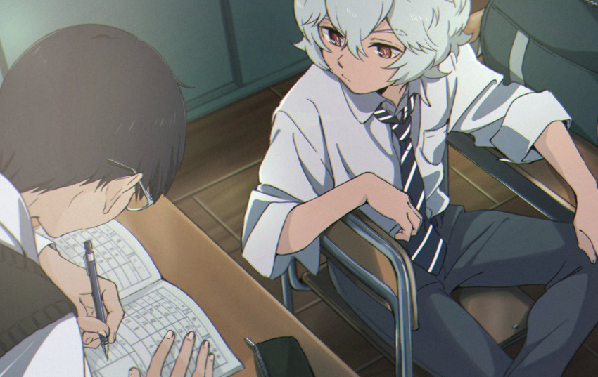 2boys anarchy_ptck bag bangs black_hair black_neckwear black_pants black_vest chair closed_mouth collared_shirt cowboy_shot desk glasses hair_between_eyes holding holding_pencil kuga_yuuma male_focus mikumo_osamu multiple_boys necktie notebook pants pencil red_eyes shirt short_hair sleeves_rolled_up standing vest white_hair white_shirt world_trigger