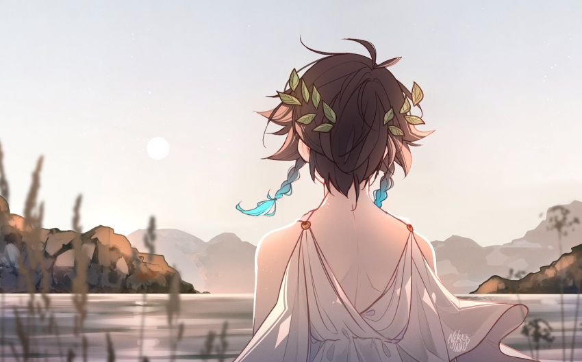 1boy androgynous black_hair blue_hair colored_tips facing_away genshin_impact greek_clothes highres leaf looking_away multicolored_hair nekojinnyart pale_skin robe scenery venti_(genshin_impact) water wreath