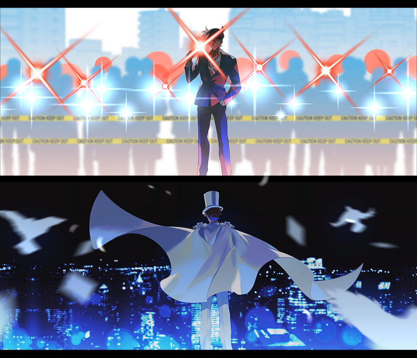 2boys backlighting bird bow bowtie brown_hair card caution_tape city clenched_hand closed_mouth commentary_request crowd diffraction_spikes dove faceless facing_away facing_viewer feet_out_of_frame floating_cape formal from_behind hand_in_pocket hand_up hat highres kaitou_kid kidkuroba4869 korean_commentary kudou_shin'ichi letterboxed light_smile male_focus meitantei_conan motion_blur multiple_boys police red_bow red_bowtie short_hair standing suit top_hat white_headwear