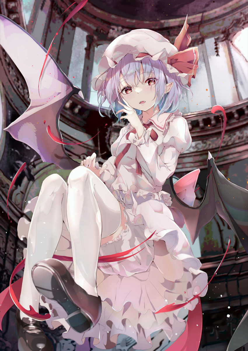 1girl absurdres bat_wings bloomers dress fangs floating from_below full_body hat highres indoors iyo_(ya_na_kanji) juliet_sleeves light_blush long_sleeves looking_at_viewer mob_cap parted_lips pointy_ears puffy_sleeves purple_hair red_eyes remilia_scarlet shoes short_hair solo thigh-highs touhou underwear upskirt white_dress white_legwear wings