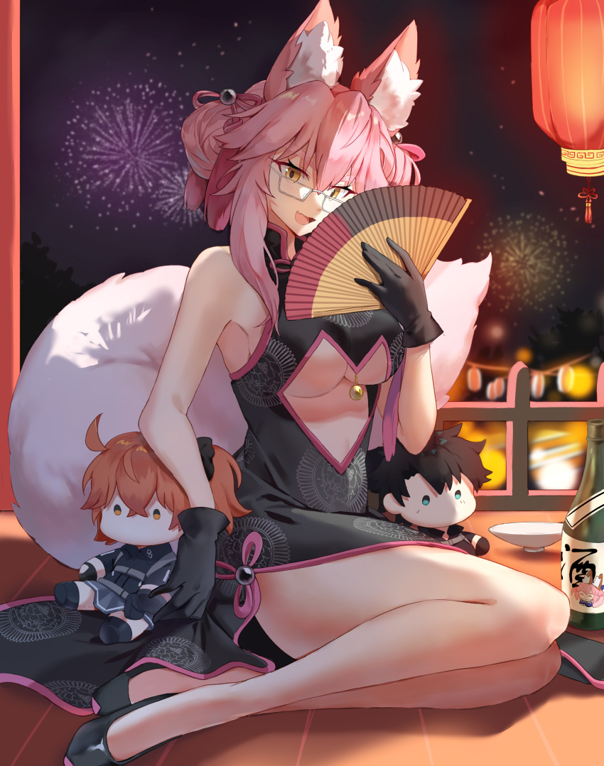 1girl absurdres animal_ear_fluff animal_ears bangs bell black_dress black_gloves blush bottle breasts center_opening china_dress chinese_clothes cup double_bun dress fate/grand_order fate_(series) fireworks folding_fan fox_ears fox_girl fox_tail fujimaru_ritsuka_(female) fujimaru_ritsuka_(male) glasses gloves hair_between_eyes hand_fan highres jingle_bell koyanskaya_(fate) large_breasts long_hair looking_at_viewer night night_sky pink_hair polar_chaldea_uniform sakazuki sake_bottle same_(samefgo) side_slit sidelocks sky sleeveless sleeveless_dress stuffed_toy tail tamamo_(fate) tassel under_boob yellow_eyes