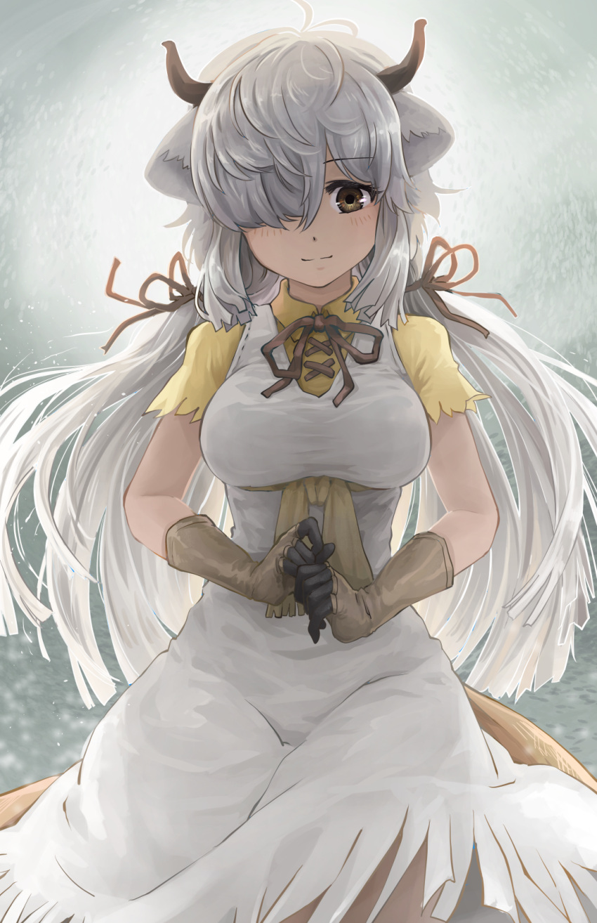 1girl animal_ears antenna_hair backlighting breasts brown_eyes brown_horns closed_mouth collared_shirt dress eyebrows_visible_through_hair floating_hair gloves hair_over_one_eye hair_ribbon highres horns kemono_friends long_bangs long_hair looking_at_viewer medium_breasts medium_dress melaton neck_ribbon own_hands_together ox_ears ox_horns ribbon shiny shiny_hair shirt short_sleeves smile solo taut_clothes taut_dress twintails very_long_hair white_dress white_hair wing_collar yak_(kemono_friends) yellow_shirt