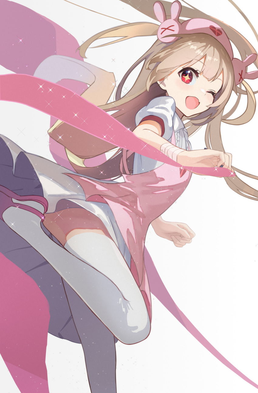 +_+ 1girl ;d apron bangs brown_hair bunny_hair_ornament collared_shirt commentary eyebrows_visible_through_hair fang from_side gradient gradient_background grey_background hair_ornament hat highres long_hair looking_at_viewer looking_to_the_side natori_sana nurse_cap one_eye_closed pink_apron pink_footwear pink_headwear pleated_skirt puffy_short_sleeves puffy_sleeves red_eyes sana_channel shirt shoes short_sleeves shuuha_arutsu skirt smile solo standing standing_on_one_leg symbol-only_commentary thigh-highs two_side_up very_long_hair virtual_youtuber white_background white_legwear white_shirt white_skirt